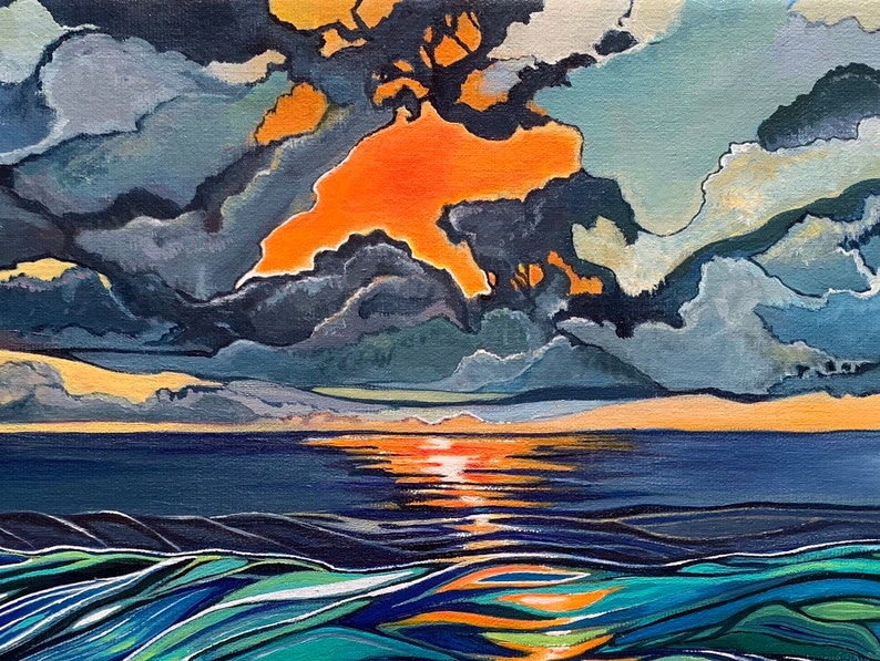 Art paper print of a bright orange ocean sunset. Bold colorful art prints. Giclee print. image 3