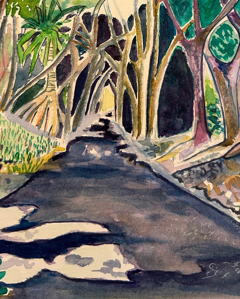 Watercolor art print of a winding forest path. Big Island, Hawaii. Giclee print. image 5