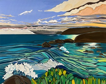 May include: A painting of a seascape with a blue sky, white clouds, and a rocky coastline. The water is a vibrant turquoise and green, with white waves crashing against the rocks. The painting is done in a stylized, abstract style.
