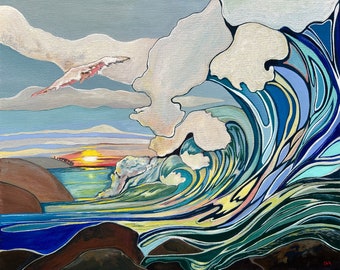 May include: Abstract painting of a large wave crashing against a rocky shore. The wave is depicted in shades of blue, green, and yellow, with white foam at the crest. The sky is a soft blue with white clouds. The painting has a sunset in the background.