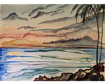 Art print of an ocean sunset. Watercolor Ocean sunset painting. Hawaii artwork.