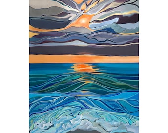May include: Abstract painting of a sunset over the ocean. The sky is a mix of gray, purple, and orange, with a bright orange sun in the center. The ocean is a deep blue, with waves crashing on the shore. The painting is done in a stylized, abstract style.