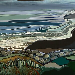 May include: A painting of a coastal landscape featuring a dark ocean with layered blue and grey waves rolling toward a rocky shoreline. The foreground displays textured green and brown vegetation, while the beach is composed of smooth grey stones.