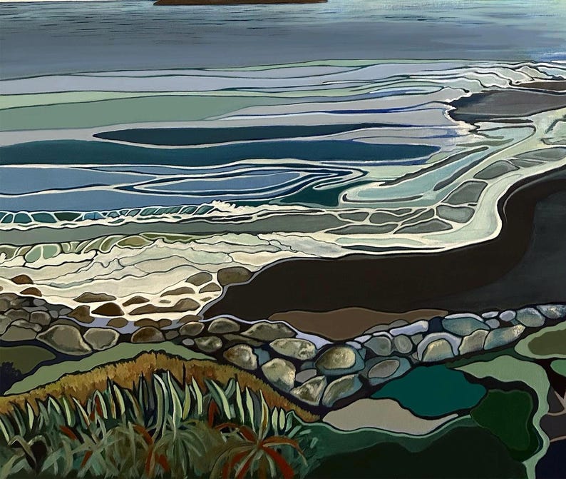May include: A painting of a coastal landscape featuring a dark ocean with layered blue and grey waves rolling toward a rocky shoreline. The foreground displays textured green and brown vegetation, while the beach is composed of smooth grey stones.