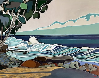 May include: A stylized painting of a seascape with a large tree on the left side of the image. The tree has green and gray leaves. The ocean is blue and green with white waves crashing on the shore. There are brown rocks on the shore.