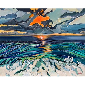 Art paper print of a bright orange ocean sunset. Bold colorful art prints. Giclee print.