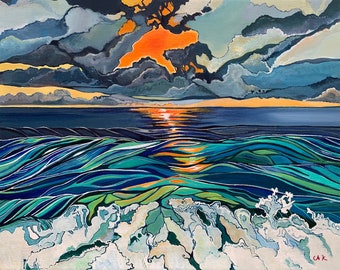 Art paper print of a bright orange ocean sunset. Bold colorful art prints. Giclee print.
