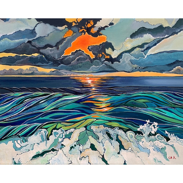 Art paper print of a bright orange ocean sunset. Bold colorful art prints. Giclee print.