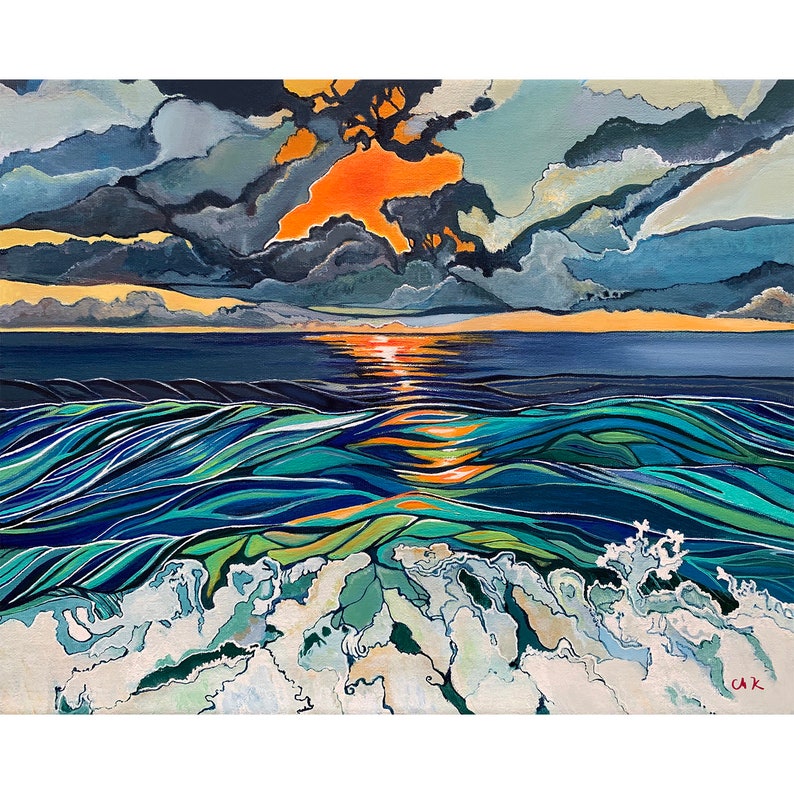 Art paper print of a bright orange ocean sunset. Bold colorful art prints. Giclee print. image 1