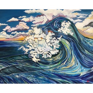 Art print of colorful ocean waves. Bold and colorful art print of splashing ocean waves. Giclee print.