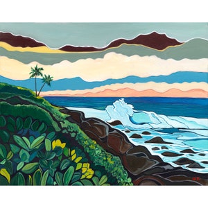 Art paper print of the coastline in Puna, big island, Hawaii. Tropical coastal artwork. Giclee print.