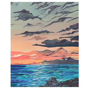 May include: A watercolor painting of a seascape with a mountain range in the distance. The sky is a soft blue with wispy clouds, and the water is a deep blue with whitecaps. The painting is done in a stylized, abstract style.