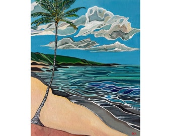 Art print of a palm tree on a white sand beach. Colorful beach wall art, on fine art paper.