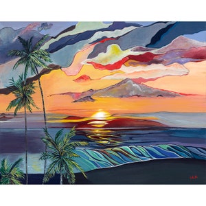 art paper print of a setting sun in Kona, on Hawaii island. Contemporary seascape and sunset. Giclee print.