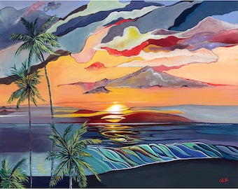 May include: A painting of a tropical sunset with palm trees in the foreground and a colorful sky with clouds. The sun is setting over the ocean, which is a deep blue color. The painting is done in a stylized, abstract style.