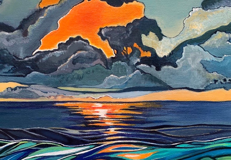 Art paper print of a bright orange ocean sunset. Bold colorful art prints. Giclee print. image 5