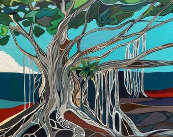 Art paper print of a banyan tree in Lahaina, Maui, bold colorful art prints. Giclee print.