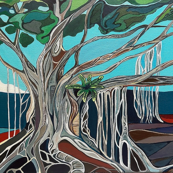 Art paper print of a banyan tree in Lahaina, Maui, bold colorful art prints. Giclee print.