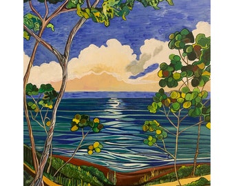 May include: An original painting of a coastal landscape. The artwork depicts a serene ocean scene with a blue sky and fluffy white clouds. Lush green trees frame the view, and the water reflects the sunlight. The painting has a vibrant, colorful style.