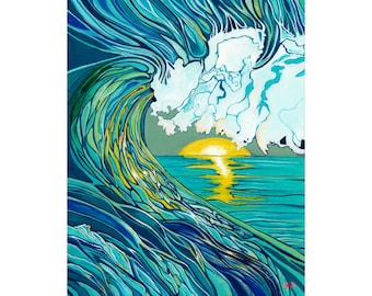May include: A stylized painting of a large ocean wave breaking with a bright yellow sun setting behind it. The wave is painted in shades of blue, green, and white.