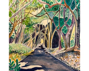 May include: A watercolor painting of a forest path with a dark, winding road leading through a grove of trees. The trees are painted in shades of green, brown, and blue, with a few leaves in shades of red and yellow. The path is surrounded by lush green foliage.