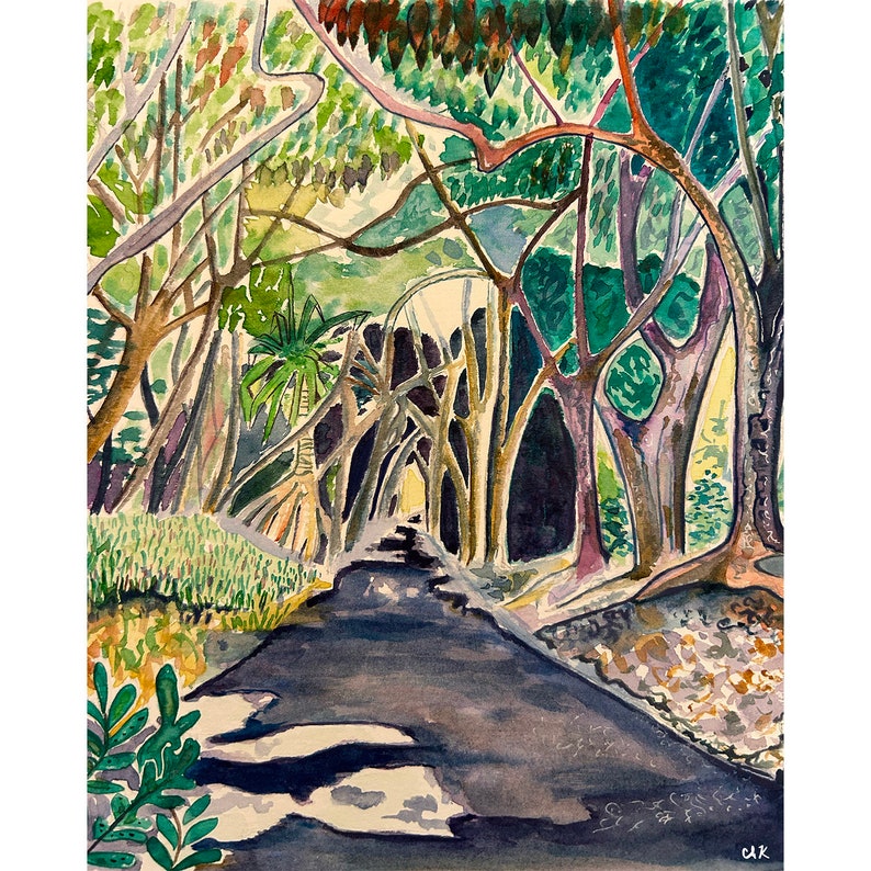 Watercolor art print of a winding forest path. Big Island, Hawaii. Giclee print. image 1