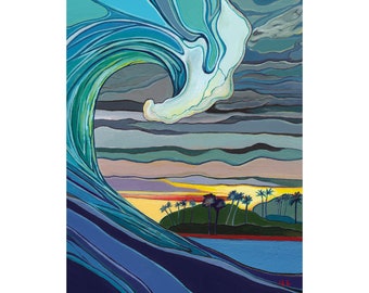 May include: A stylized painting of a large blue wave breaking over a small island with palm trees. The sky is a gradient of blue, gray, and yellow.