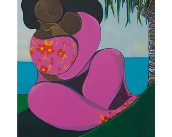 Canvas art print of a woman sitting next to a Hala tree by the ocean. Abstract and contemporary canvas art. Giclee print.