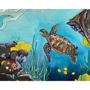 Art print of a sea turtle in a tropical reef, colorful ocean art prints. Hawaii art. Giclee print.