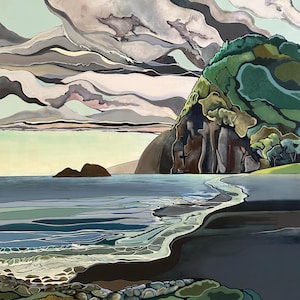 May include: A landscape painting featuring a dark, rocky cliffside meeting a blue ocean with rolling waves. The sky is filled with layered, swirling gray and white clouds. In the foreground, there is a rocky shoreline with green vegetation.