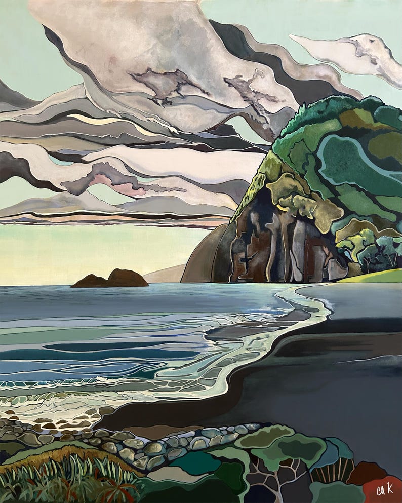 May include: A landscape painting featuring a dark, rocky cliffside meeting a blue ocean with rolling waves. The sky is filled with layered, swirling gray and white clouds. In the foreground, there is a rocky shoreline with green vegetation.