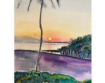 May include: Watercolor painting of a tropical sunset. A tall palm tree stands in front of a vibrant sky with shades of yellow, orange, and red. The foreground features a purple shoreline and green foliage.