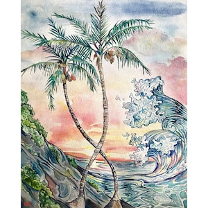 Watercolor Art paper print of two coconut trees growing on a rocky ocean shore. Hawaii tropical artwork. Giclee print.