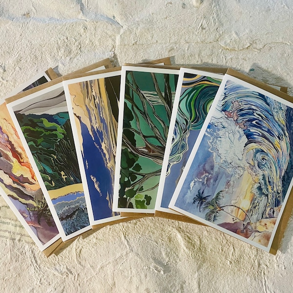 Blank greeting card set, 6 unique images, blank cards, tropical Hawaiian island artwork, 5x7 inch cards with envelopes