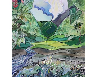 Watercolor/mixed media Art print of Waipio valley, Hawaii island. Travel poster prints.