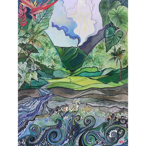 Watercolor/mixed media Art print of Waipio valley, Hawaii island. Travel poster prints.