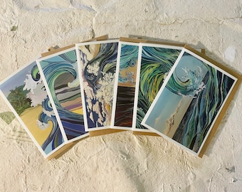 Blank greeting card set, 6 unique designs, blank cards, tropical ocean waves, 5x7 inch cards with envelopes