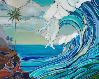 May include: A stylized painting of a large, turquoise wave crashing over a rocky shore. The wave is depicted in a graphic style with swirling lines and a white crest. A palm tree stands on the shore, and the sky is a soft blue with white clouds.