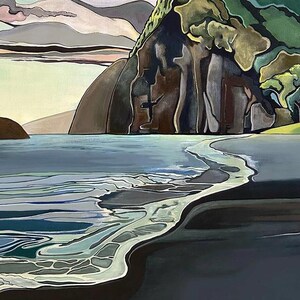 May include: A landscape painting depicting a coastal scene with a dark rocky cliff face, green foliage, and a sandy beach meeting the ocean. The water features blue and teal tones with white foam along the shoreline under a cloudy sky.