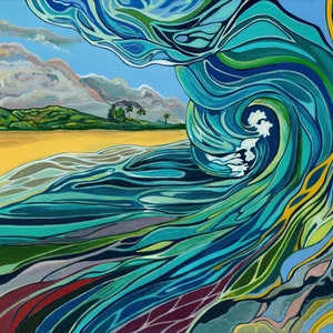 Hawaiian art paper print of a breaking wave on the north shore of Oahu island. Giclee print.