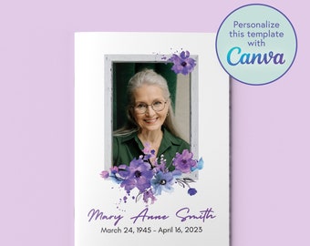 Editable Memorial Program ONLINE TEMPLATE | Purple Florals Funeral Program | Instant Download | Celebration of Life Service Program