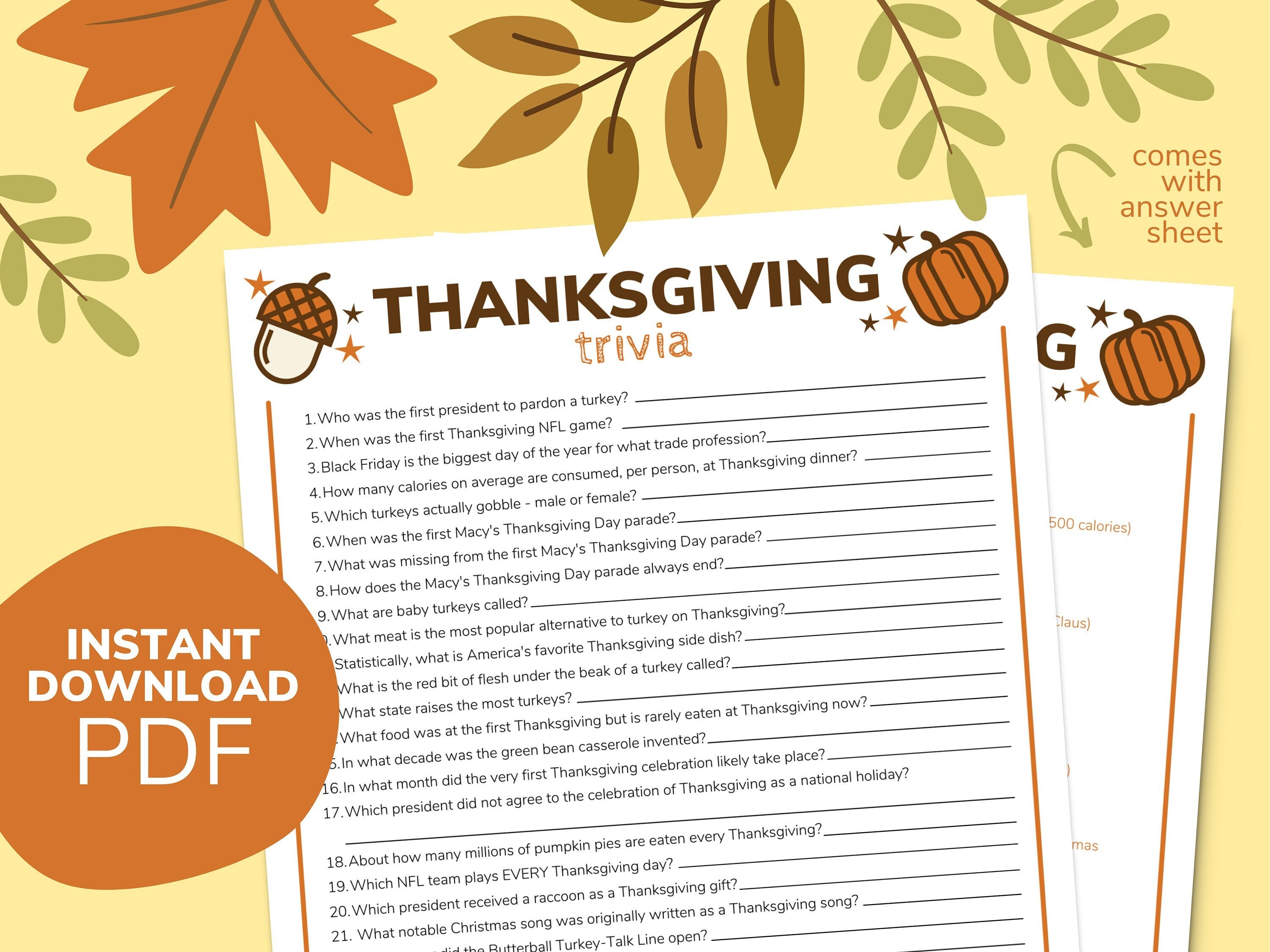 Thanksgiving Trivia Game / Printable Thanksgiving Activity / - Etsy