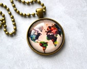 Globe Necklace Map Necklace Colorful Globe World Map Glass Pendant Necklace - World Map - 1 inch glass pendant necklace 24"