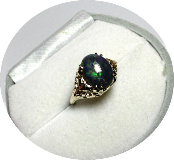 Australian Solid Black OPAL Ring - Carved Gingko … - image 2