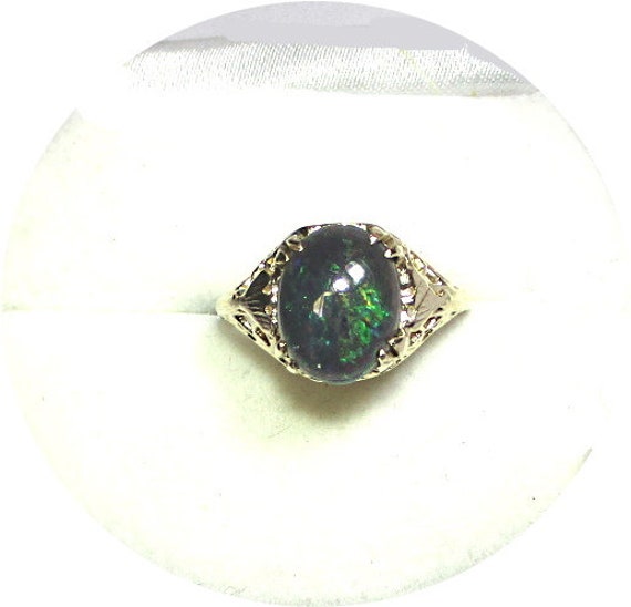 Australian Solid Black OPAL Ring - Carved Gingko … - image 1