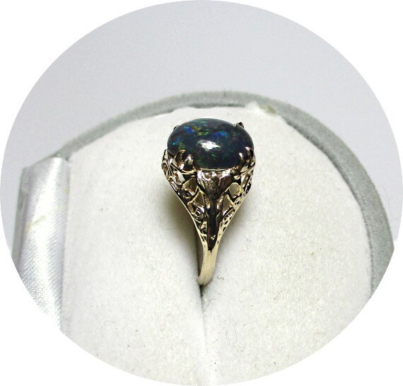 Australian Solid Black OPAL Ring - Carved Gingko … - image 3