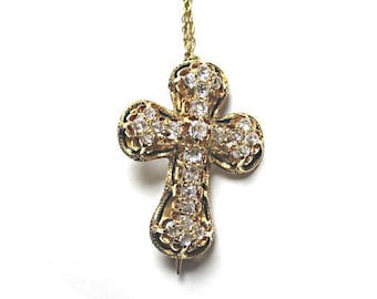 Gorgeous ! Antique Pendant Diamond Cross Pendant with Chain - 14k Solid Gold. Collectors Piece.