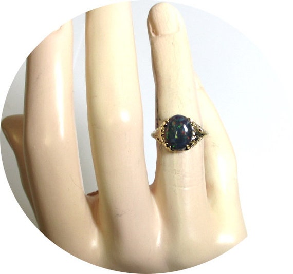 Australian Solid Black OPAL Ring - Carved Gingko … - image 6