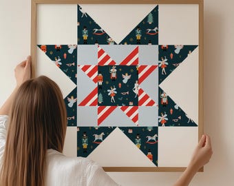 Nutcracker Holiday Quilt Star Art Print | Whimsical Christmas Wall Decor | Cozy Modern Holiday Home