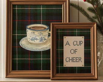 Christmas Coffee Cup Print: Tartan Plaid, Chinoiserie Style (Digital Download)